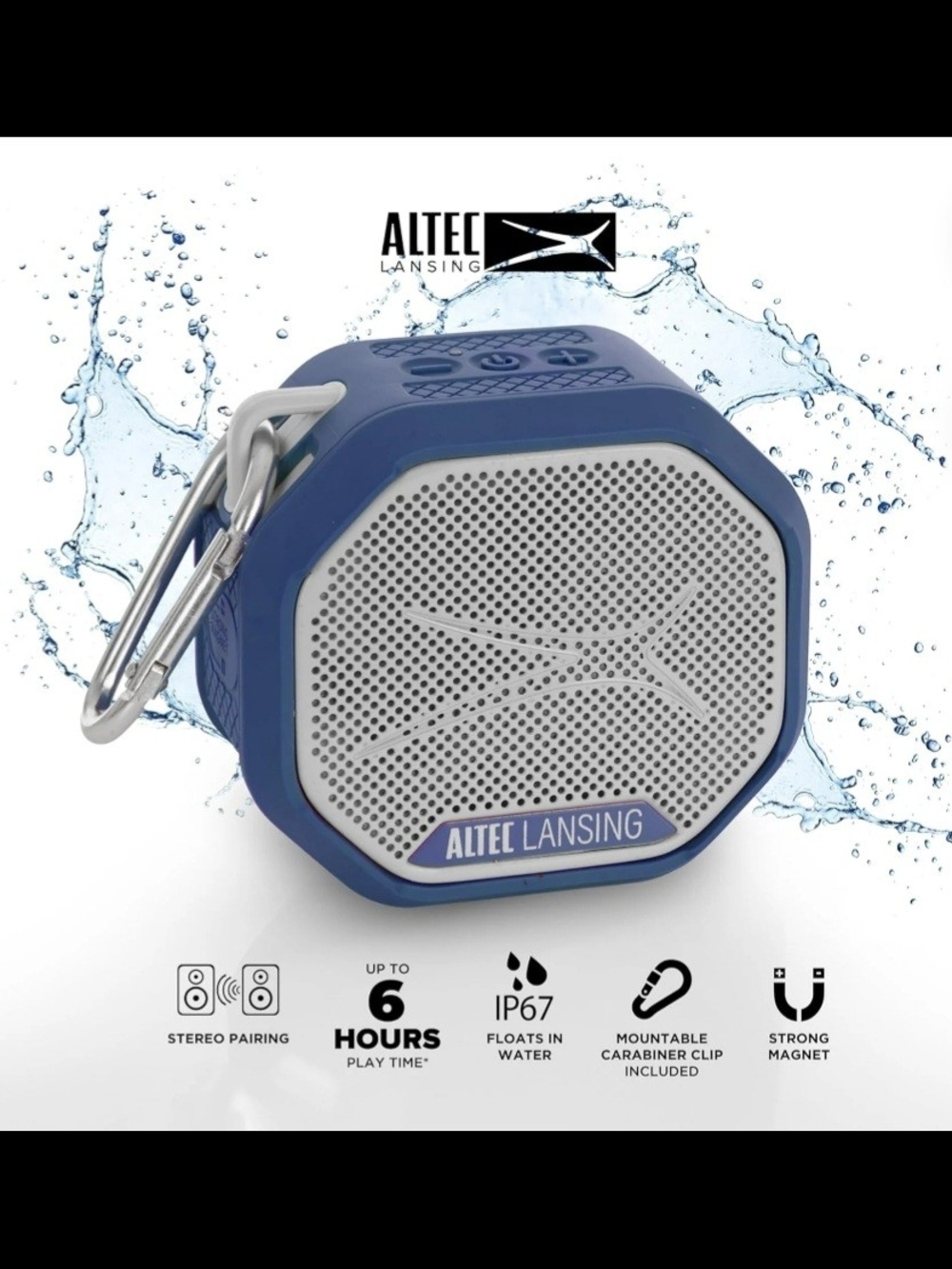 Blue Portable Bluetooth Speaker with Carabiner - Picture 2 of 6